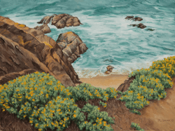 oil painting of Bodega Head, looking down at sand, rocks, and water from flower-covered cliff edges